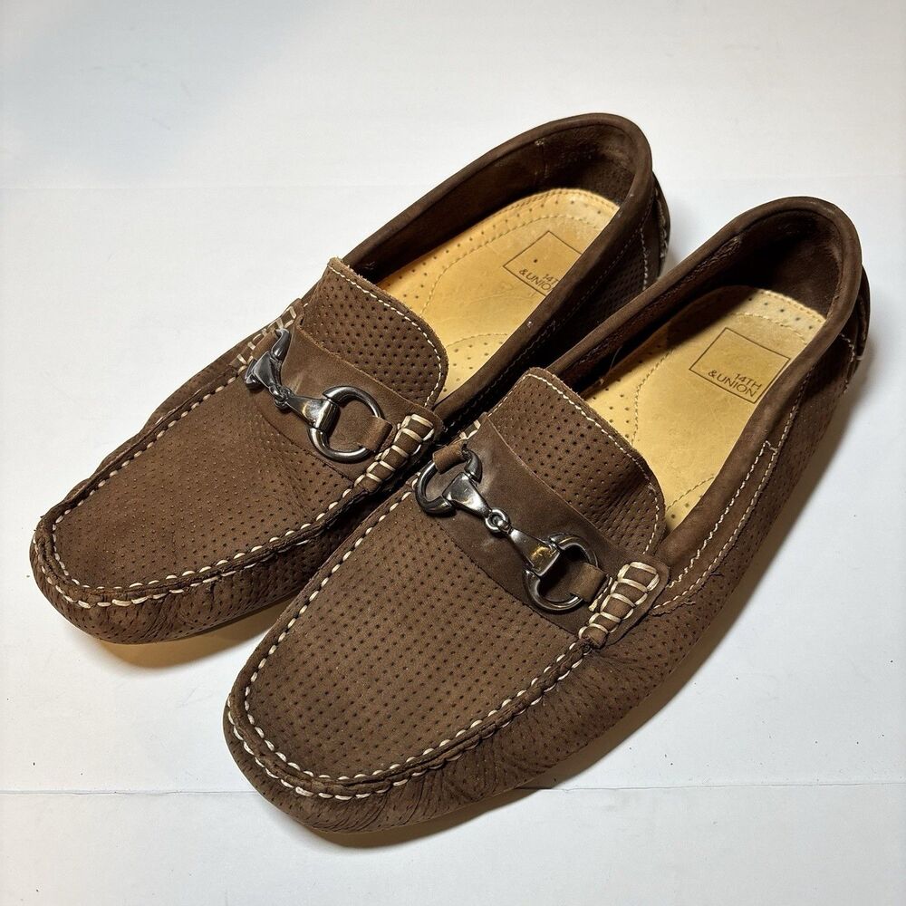14th & Union Men’s 9.5 M Brown Leather Loafers Slip On Driver Shoes Bit Accents